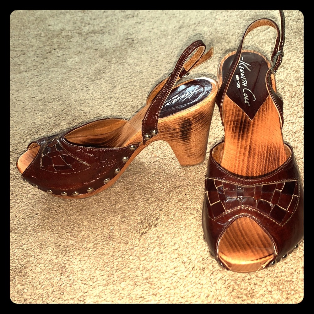 Kenneth Cole-retro leather/wood platform sandals